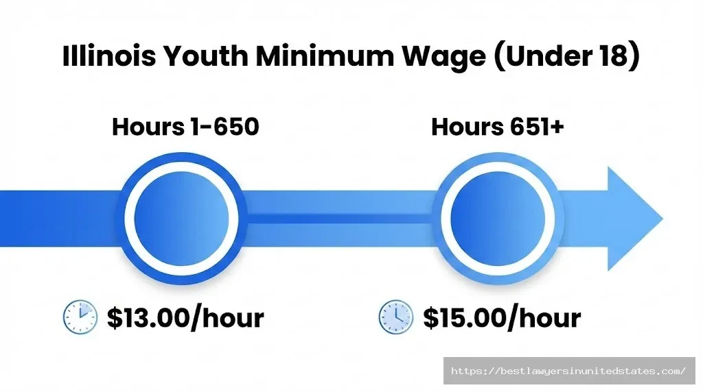Illinois youth minimum wage timeline showing $13 per hour for first 650 hours then $15 per hour