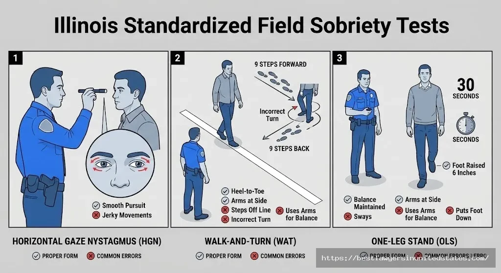 Illustration of three standardized field sobriety tests used in Illinois DUI investigations