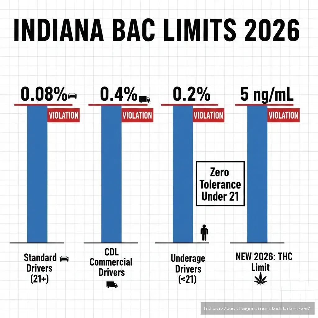 Indiana BAC legal limits chart showing 0.08% standard, 0.04% CDL, 0.02% underage, and 5ngmL THC in 2026