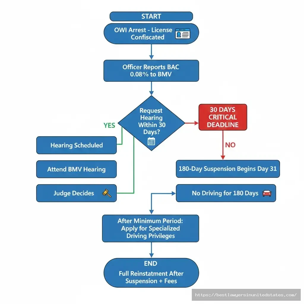 Indiana BMV OWI suspension process showing 30-day hearing request deadline and 180-day automatic suspension