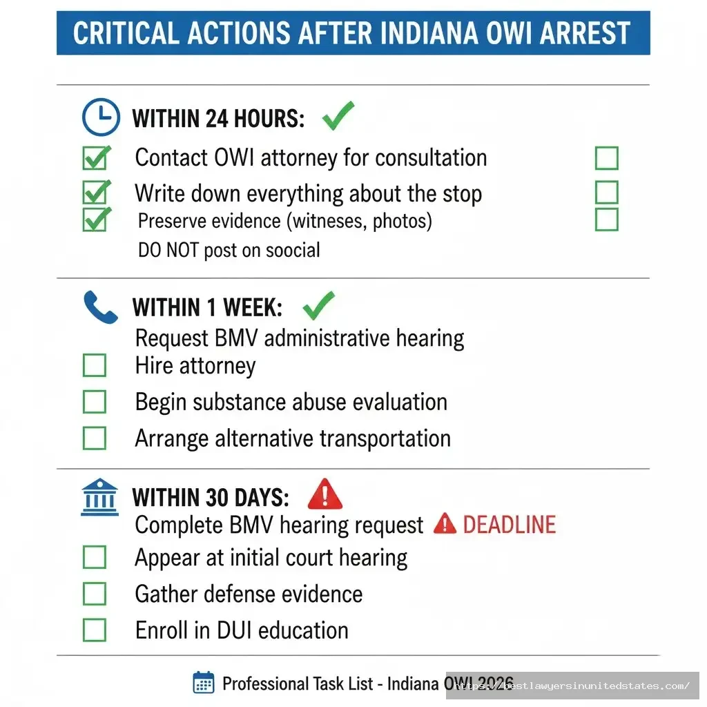 Indiana OWI arrest checklist showing 24-hour, 1-week, and 30-day critical action deadlines