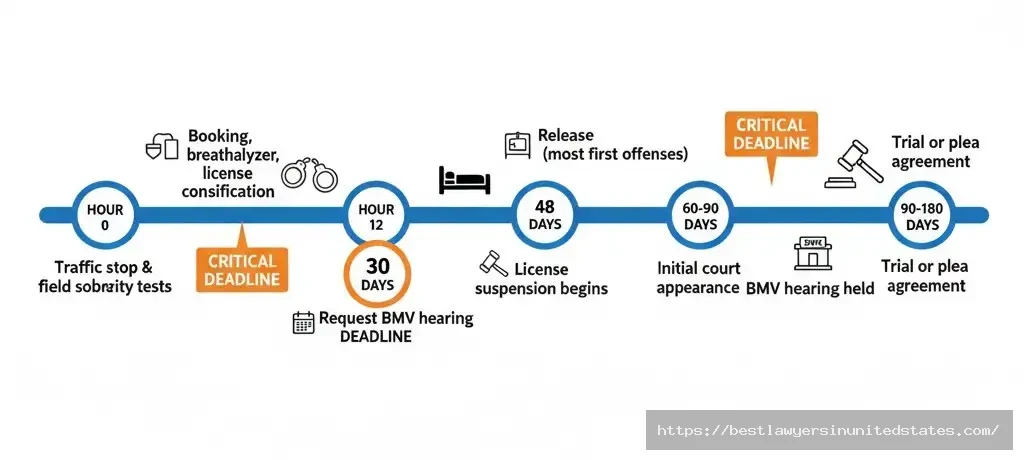 Indiana OWI arrest timeline showing 48-hour court deadline and 30-day BMV hearing request requirement