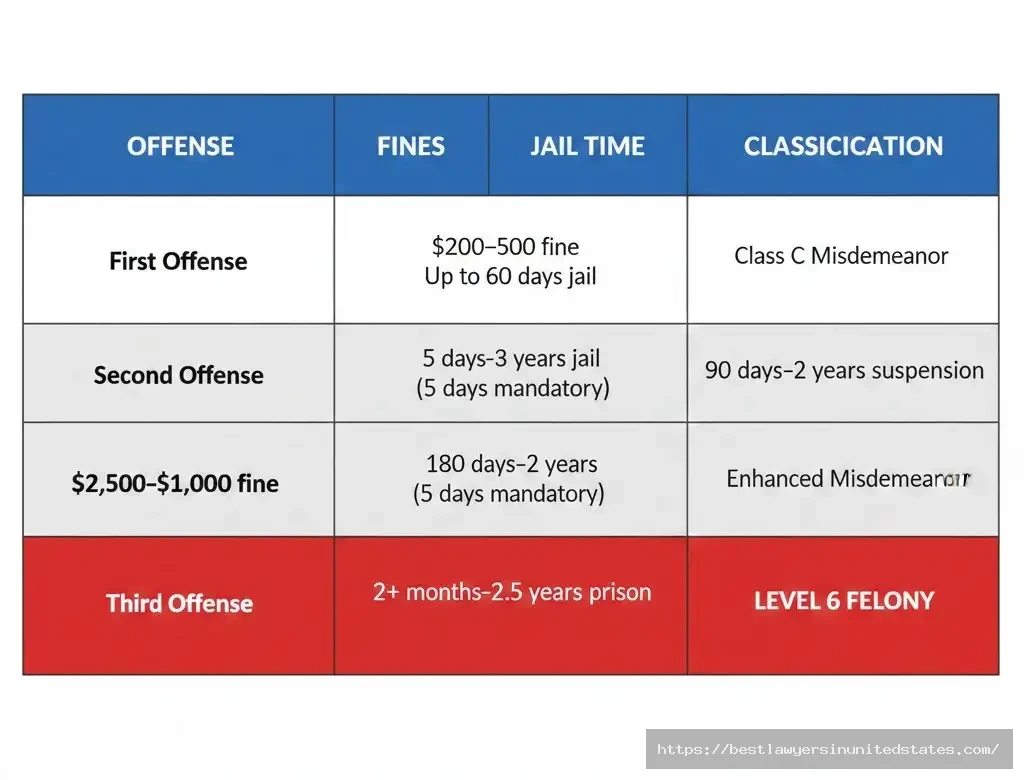 Indiana OWI penalties comparison showing fines, jail time, and license suspension for 1st, 2nd, and 3rd offenses
