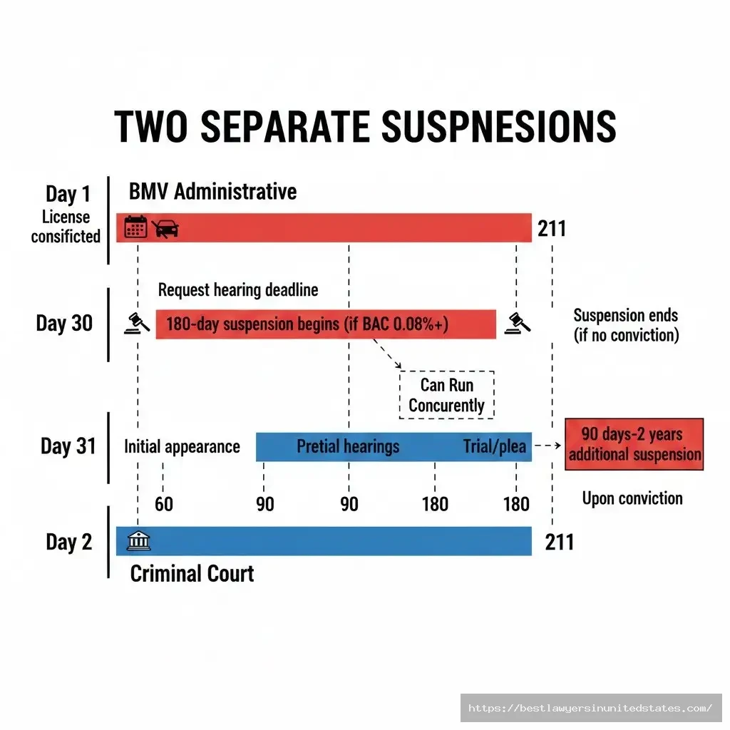Indiana OWI showing two separate suspensions 180-day BMV administrative and 90-day-2-year criminal court