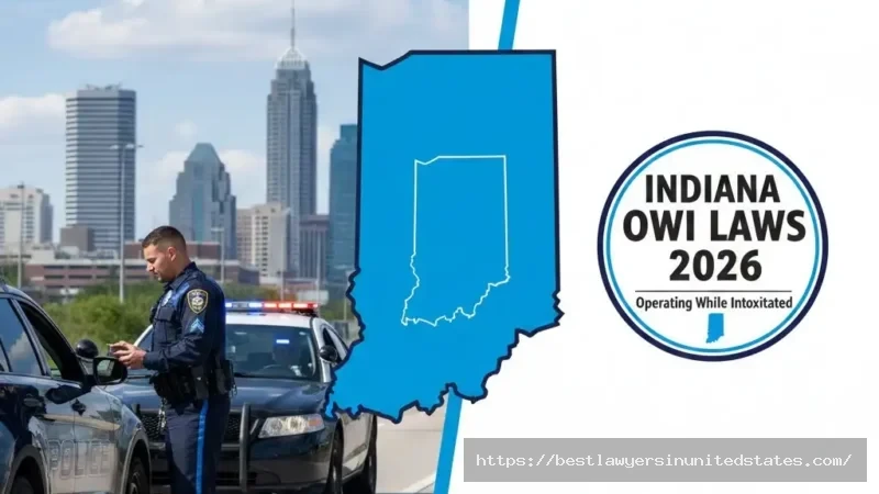 Indiana State Police OWI traffic stop with Indianapolis skyline showing 2026 DUI laws and penalties