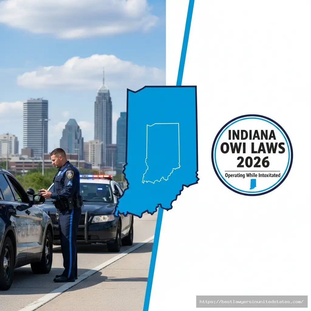 Indiana State Police OWI traffic stop with Indianapolis skyline showing 2026 DUI laws and penalties