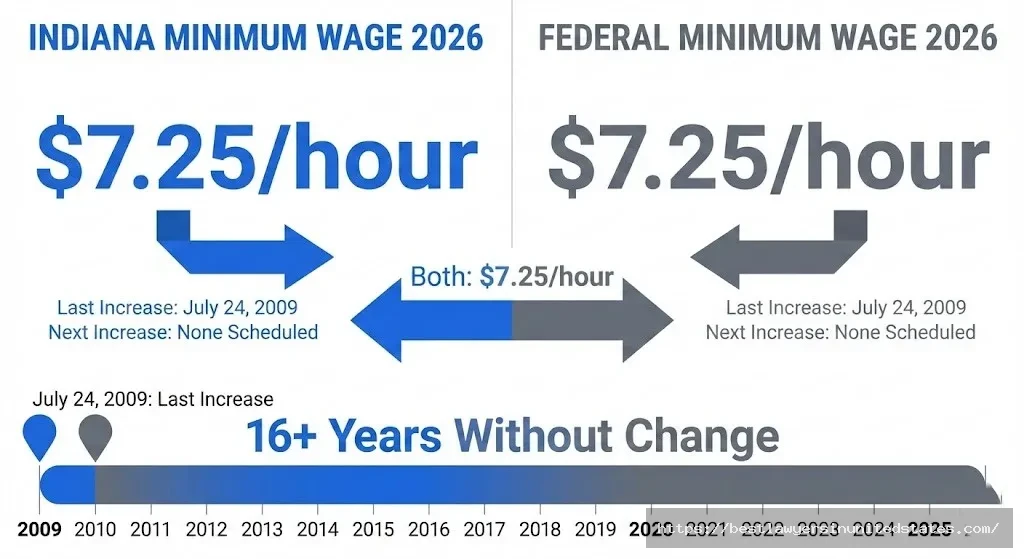 Indiana and federal minimum wage comparison showing both at $7.25 per hour since 2009 with no increases scheduled