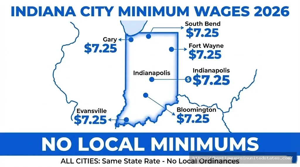 Indiana cities minimum wage map showing all major cities at $7.25 per hour with no local wage ordinances