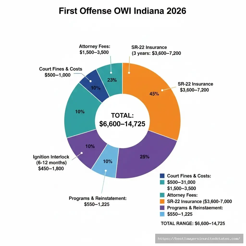 Indiana first OWI cost breakdown showing $6,600-$14,725 total including fines, attorney, insurance, and programs