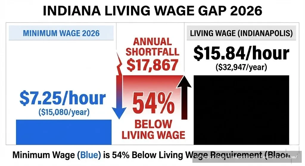 Indiana living wage gap infographic showing minimum wage $7.25 is $8.59 below Indianapolis living wage of $15.84