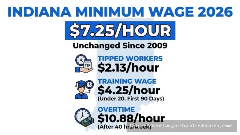 Indiana minimum wage 2026 rates chart showing $7.25 hourly rate, tipped wage $2.13, and overtime pay
