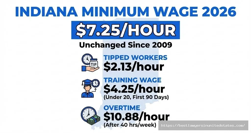 Indiana minimum wage 2026 rates chart showing $7.25 hourly rate, tipped wage $2.13, and overtime pay