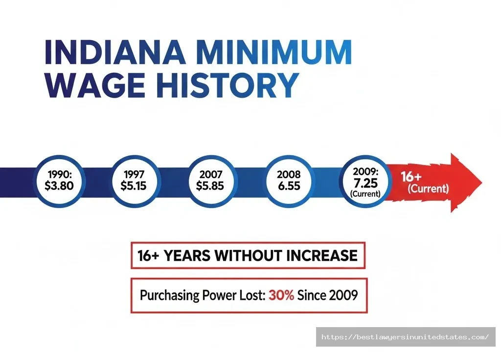 Indiana minimum wage history timeline showing $7.25 rate unchanged since 2009 with 30% purchasing power decline