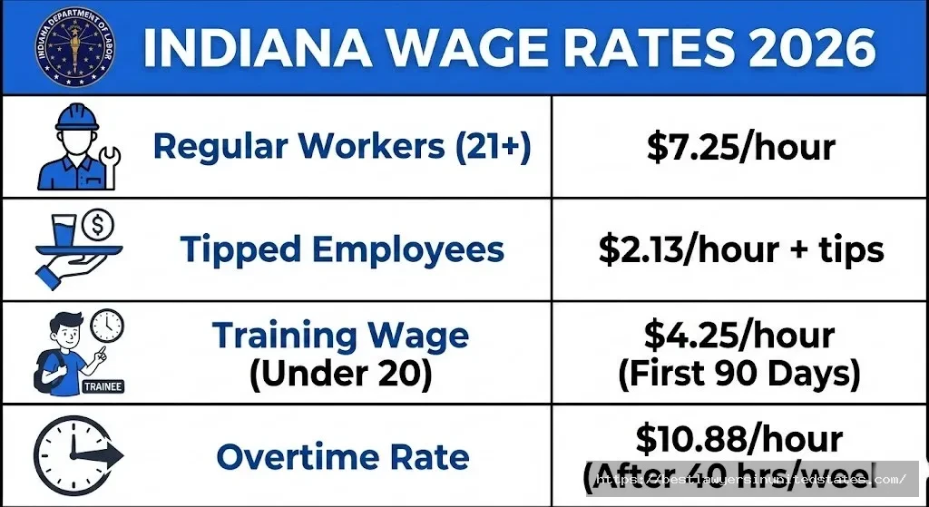 Indiana minimum wage worker categories table showing rates for regular, tipped, training wage, and overtime workers