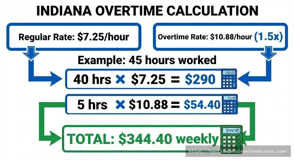 Indiana overtime pay calculation example showing $10.88 per hour rate for hours over 40 in a workweek