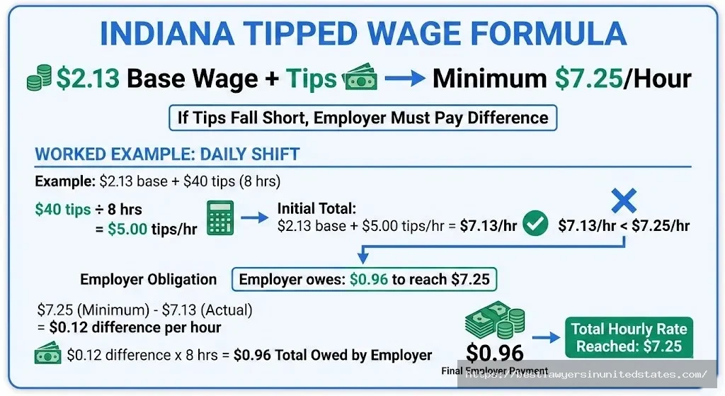 Indiana tipped employee wage formula showing $2.13 base plus tips must equal $7.25 per hour minimum with example