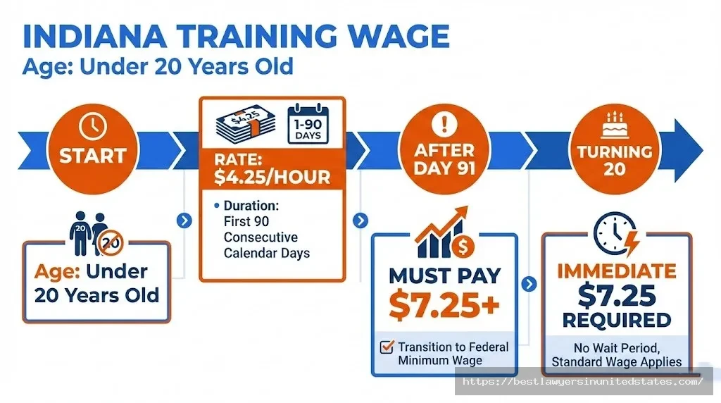 Indiana training wage timeline showing $4.25 per hour for workers under 20 during first 90 days then $7.25 after