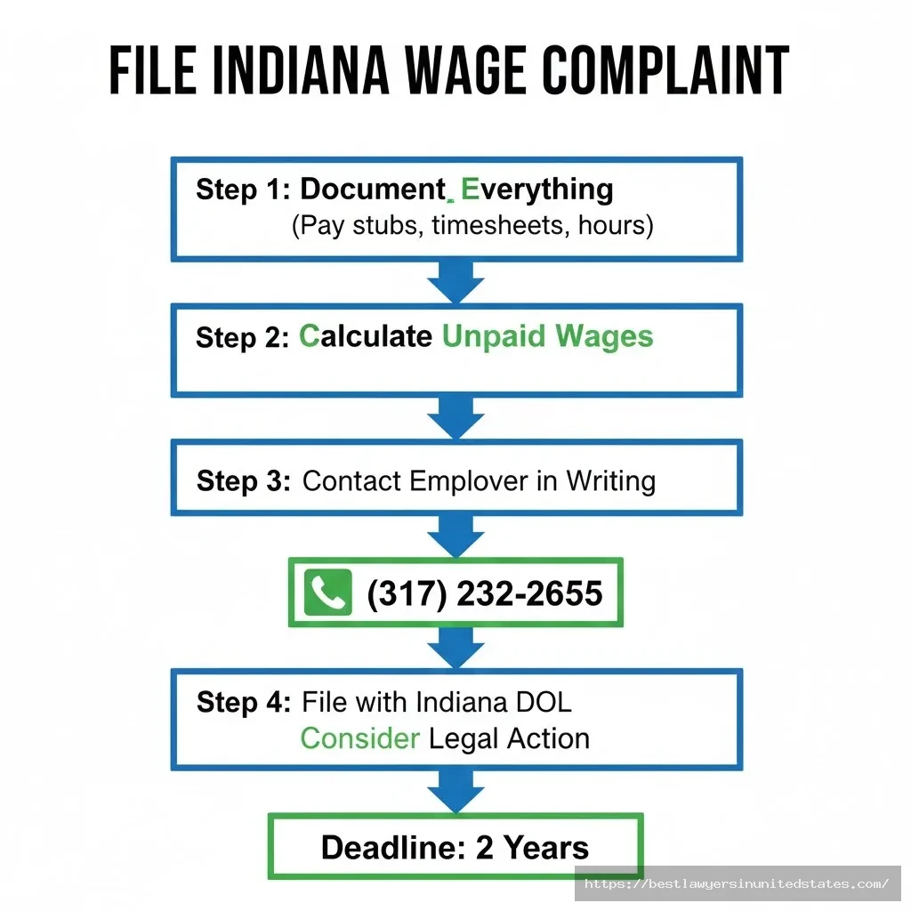 Indiana wage complaint filing process flowchart with 5 steps and Indiana Department of Labor contact information