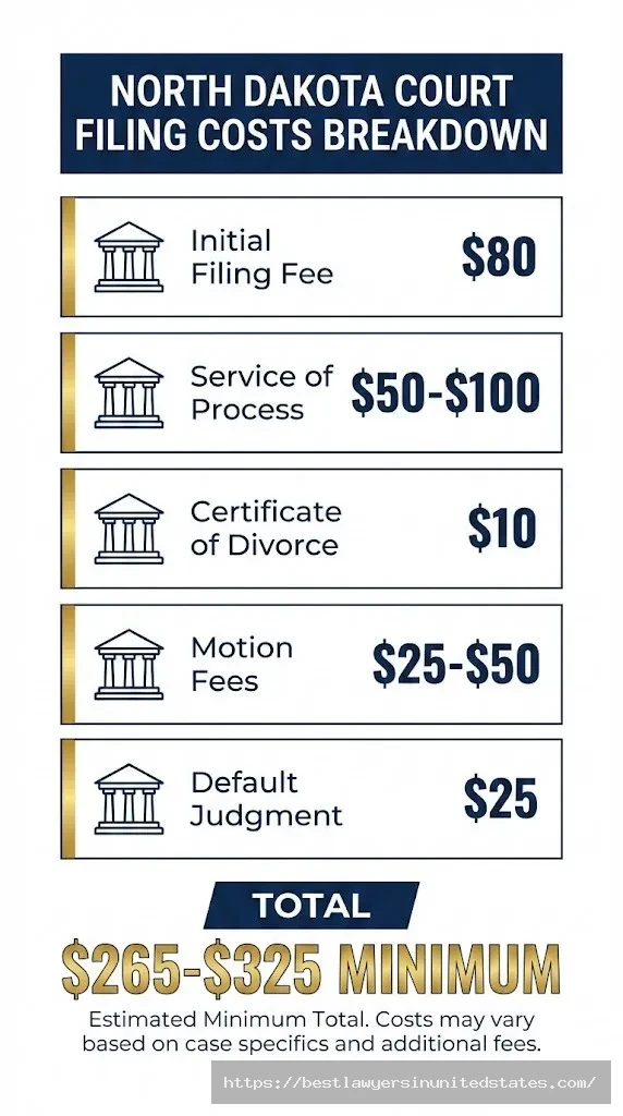 Infographic breakdown of North Dakota divorce filing fees totaling $265 to $325 for basic court costs