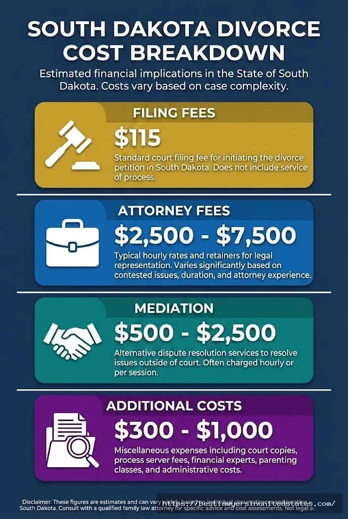 Infographic breaking down South Dakota divorce costs by category including filing fees, attorney fees, mediation, and additional expenses