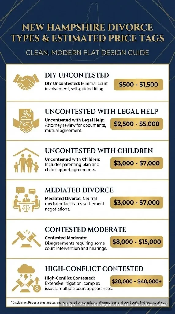 Infographic comparing divorce costs in New Hampshire by type from $500 DIY to $40,000+ contested