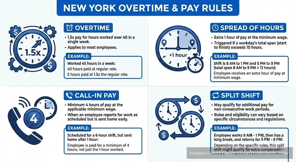Infographic explaining New York overtime rules including spread of hours and call-in pay requirements