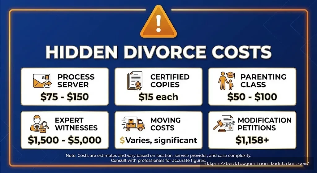 Infographic showing 6 hidden Nebraska divorce costs including process servers, certified copies, parenting classes, and expert witnesses