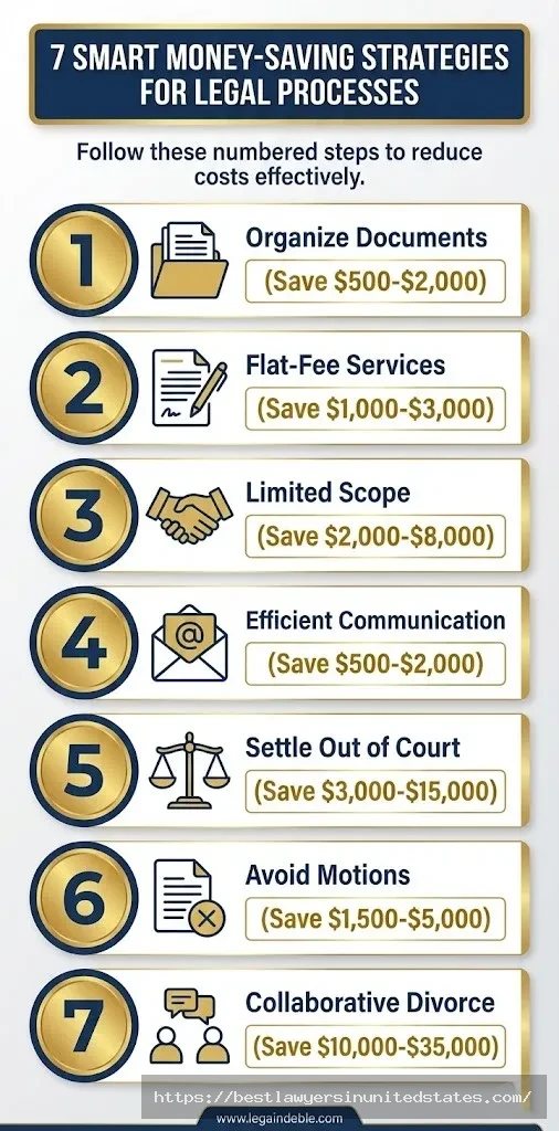Infographic showing 7 money-saving strategies for West Virginia divorce including organizing documents, using flat fees