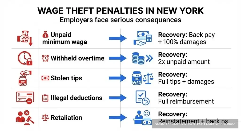 Infographic showing types of wage theft in New York and employee recovery options