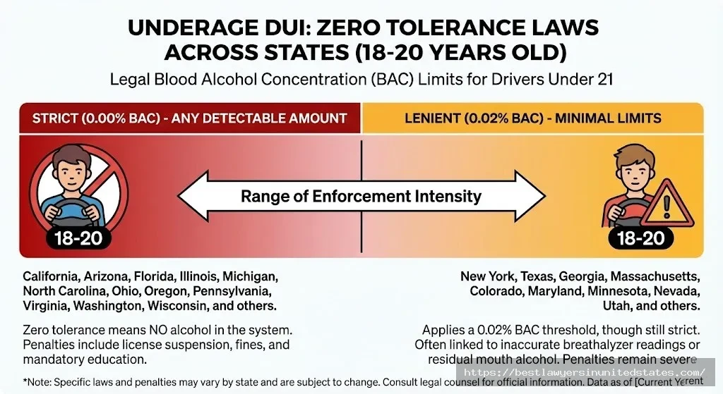 Infographic showing zero tolerance BAC limits for underage drivers by state