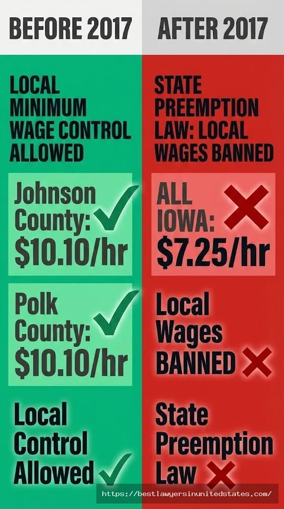 Iowa 2017 preemption law impact showing rollback of Johnson County and Polk County $10.10 minimum wage