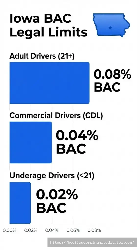 Iowa BAC legal limits chart showing 0.08% adult, 0.04% CDL, 0.02% underage drivers