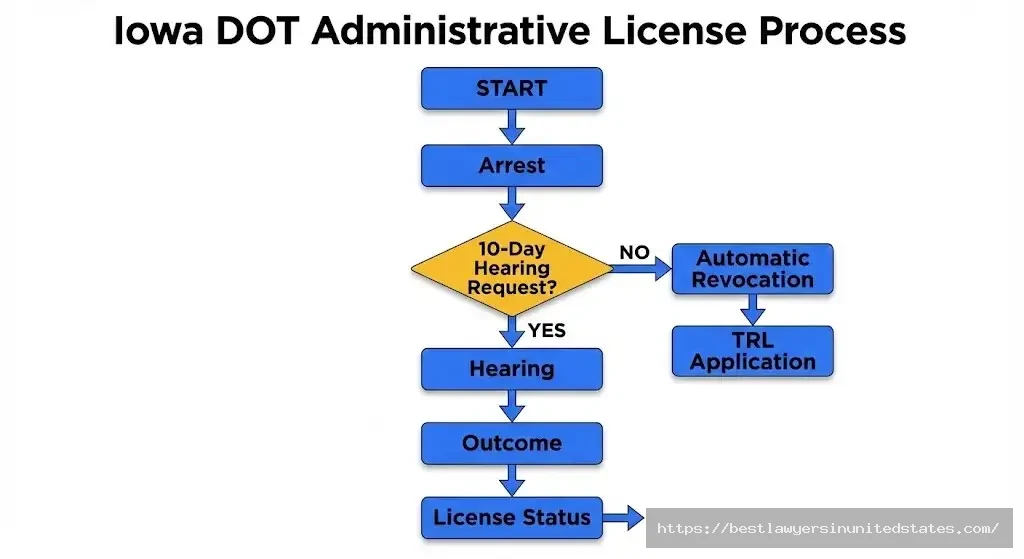 Iowa DOT administrative hearing flowchart showing 10-day request deadline and license revocation process