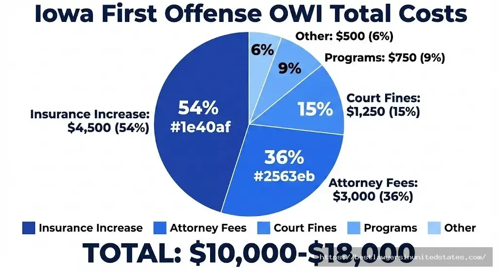 Iowa OWI cost breakdown pie chart showing $10,000-$18,000 total including fines, attorney, insurance increases