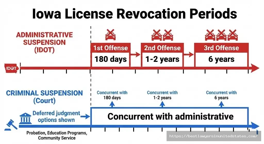 Iowa administrative and criminal license suspension timeline for first, second, third OWI offenses