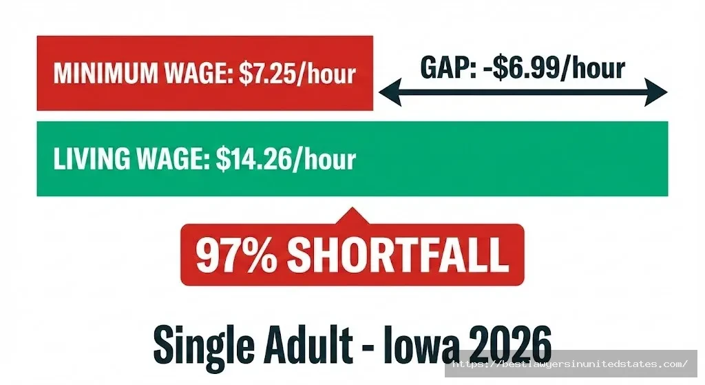 Iowa living wage gap showing $7.25 minimum wage vs $14.26 required living wage for single adult