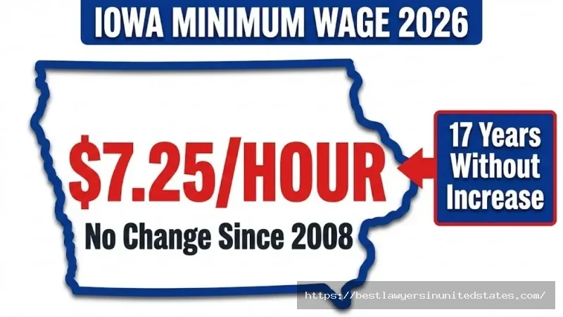 Iowa minimum wage 2026 rate of $7.25 per hour infographic showing no increase since 2008