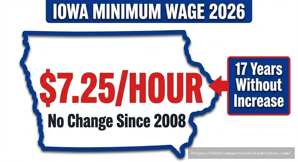 Iowa minimum wage 2026 rate of $7.25 per hour infographic showing no increase since 2008