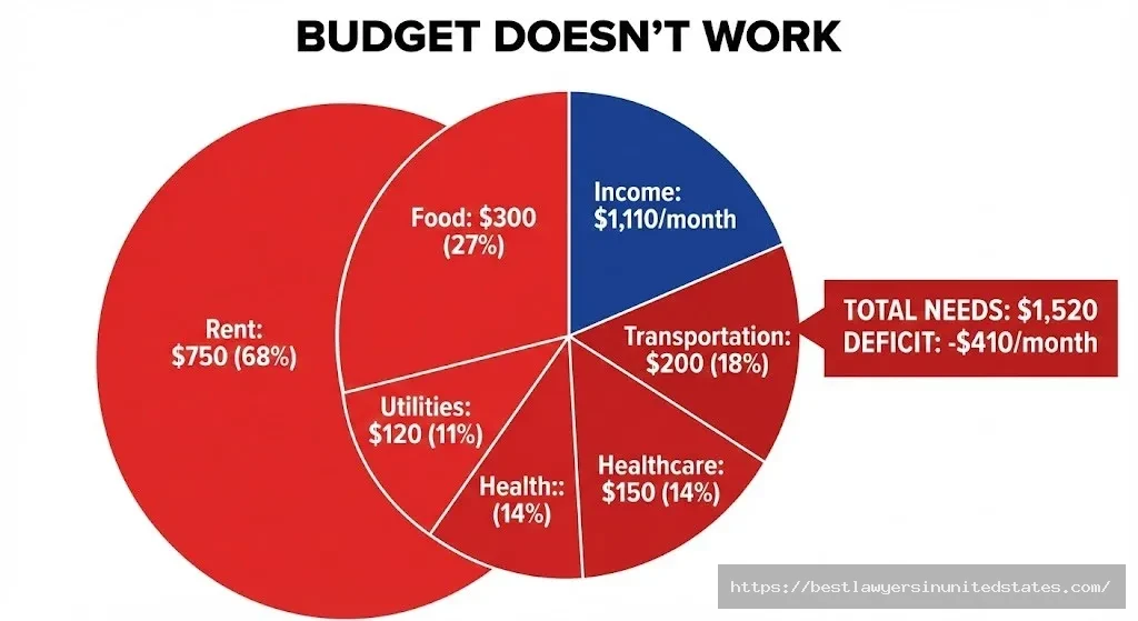 Iowa minimum wage monthly budget showing $410 deficit between $1,110 income and $1,520 basi
