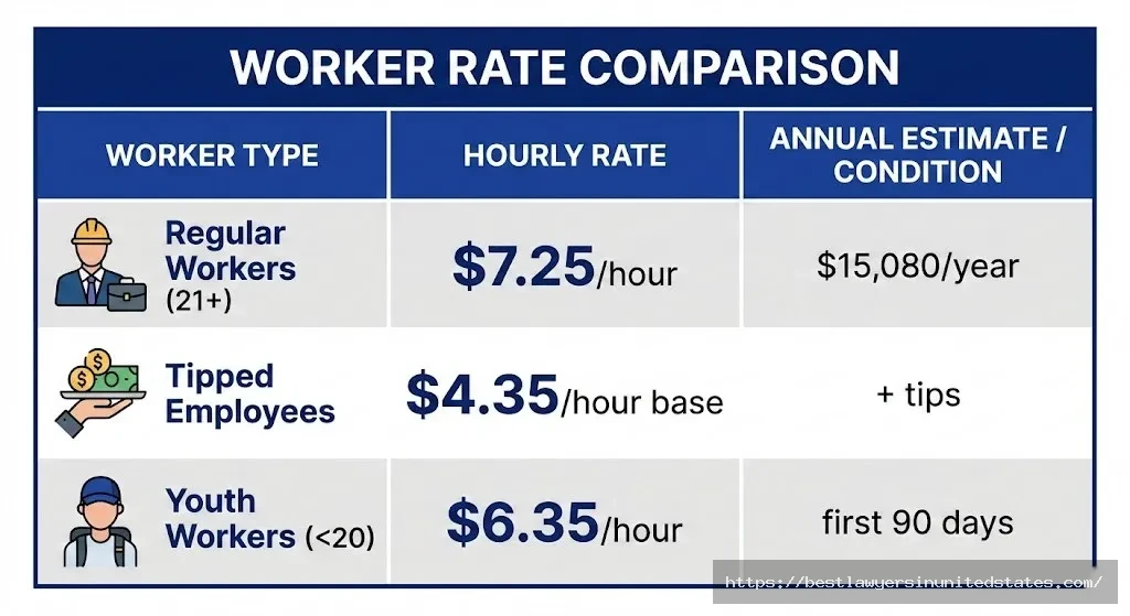 Iowa minimum wage rates by worker category showing regular, tipped, and youth wages for 2026