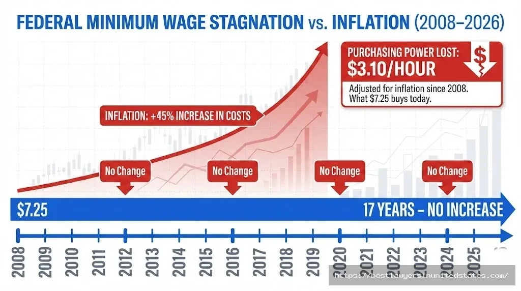 Iowa minimum wage timeline showing $7.25 rate unchanged from 2008 to 2026 while inflation increased 45%
