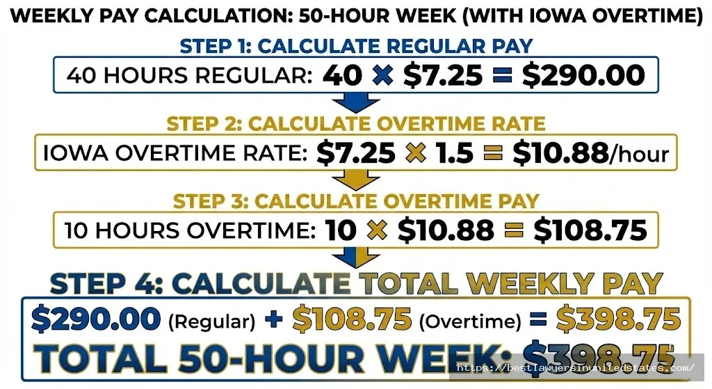 Iowa overtime pay calculation example showing 50-hour workweek earning $398.75 at minimum wage