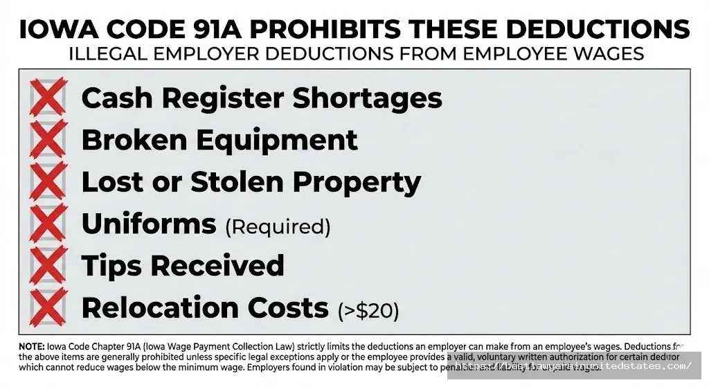 Iowa prohibited payroll deductions list showing cash shortages, equipment damage, uniforms not allowed