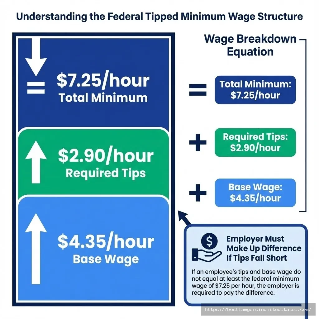 Iowa tipped minimum wage breakdown showing $4.35 base plus $2.90 tips equals $7.25 total