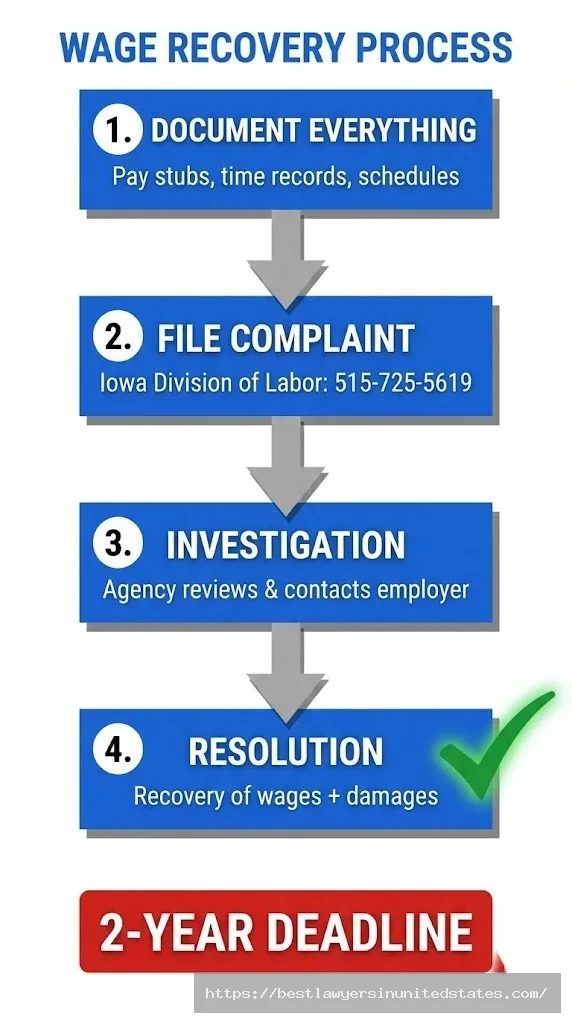 Iowa wage claim filing process showing 4 steps from documentation to recovery with 2-year deadline