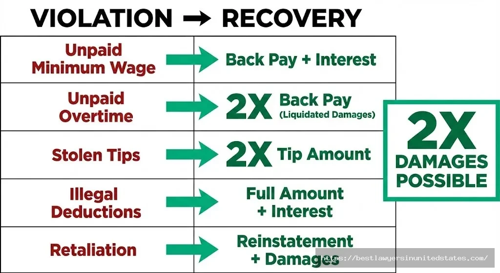 Iowa wage theft recovery amounts showing double damages for overtime violations and tip theft