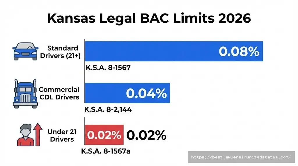 Kansas BAC legal limits chart showing 0.08% standard, 0.04% CDL, 0.02% under 21 drivers