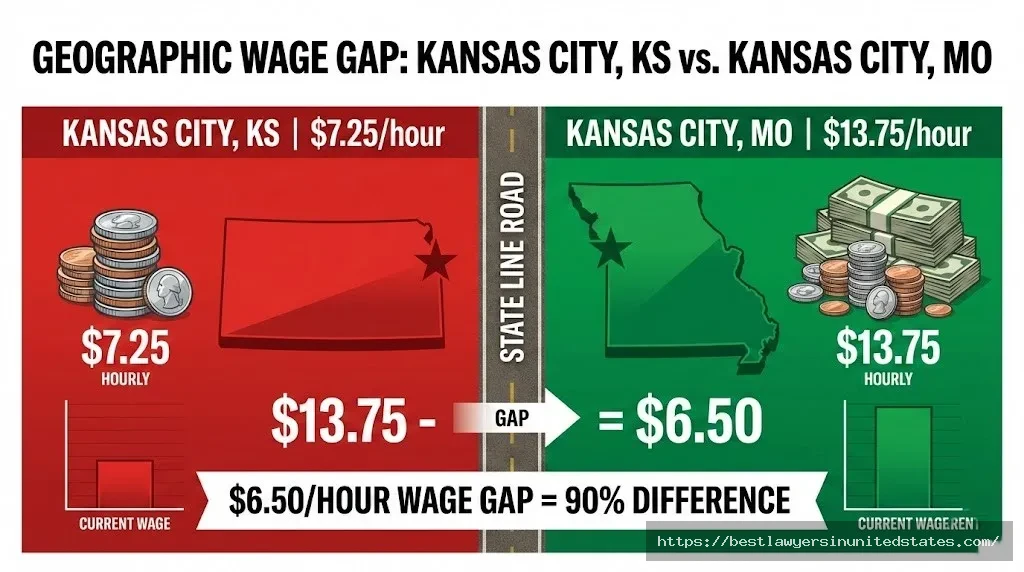 Kansas City metro wage gap showing Missouri side pays $13.75 while Kansas side pays $7.25 per hour