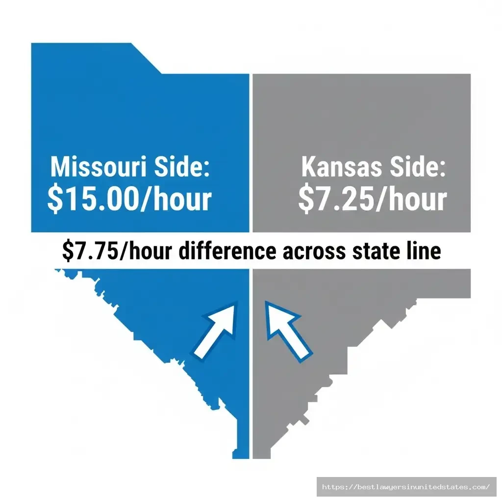 Kansas City minimum wage split 2026 showing $15 Missouri side versus $7.25 Kansas side