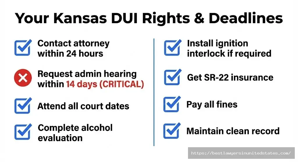 Kansas DUI arrest checklist showing critical deadlines including 14-day administrative hearing request